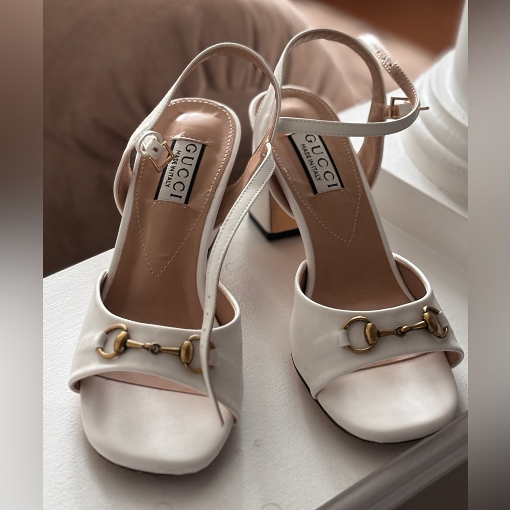 Gucci White Leather Horsebit Slingback Heels